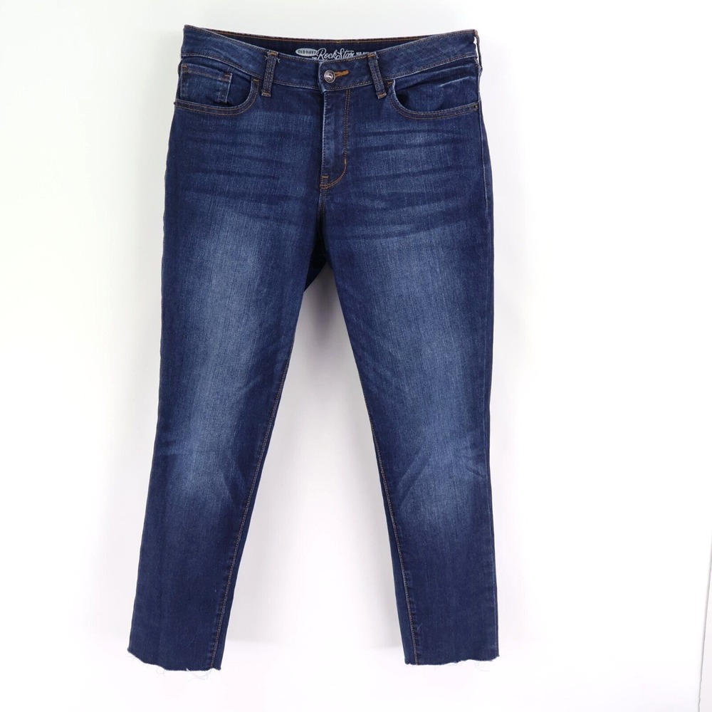 Old Navy Rockstar Skinny Jeans Mid Rise Stretch Womens 12 Blue Dark Wash Cut-Off
